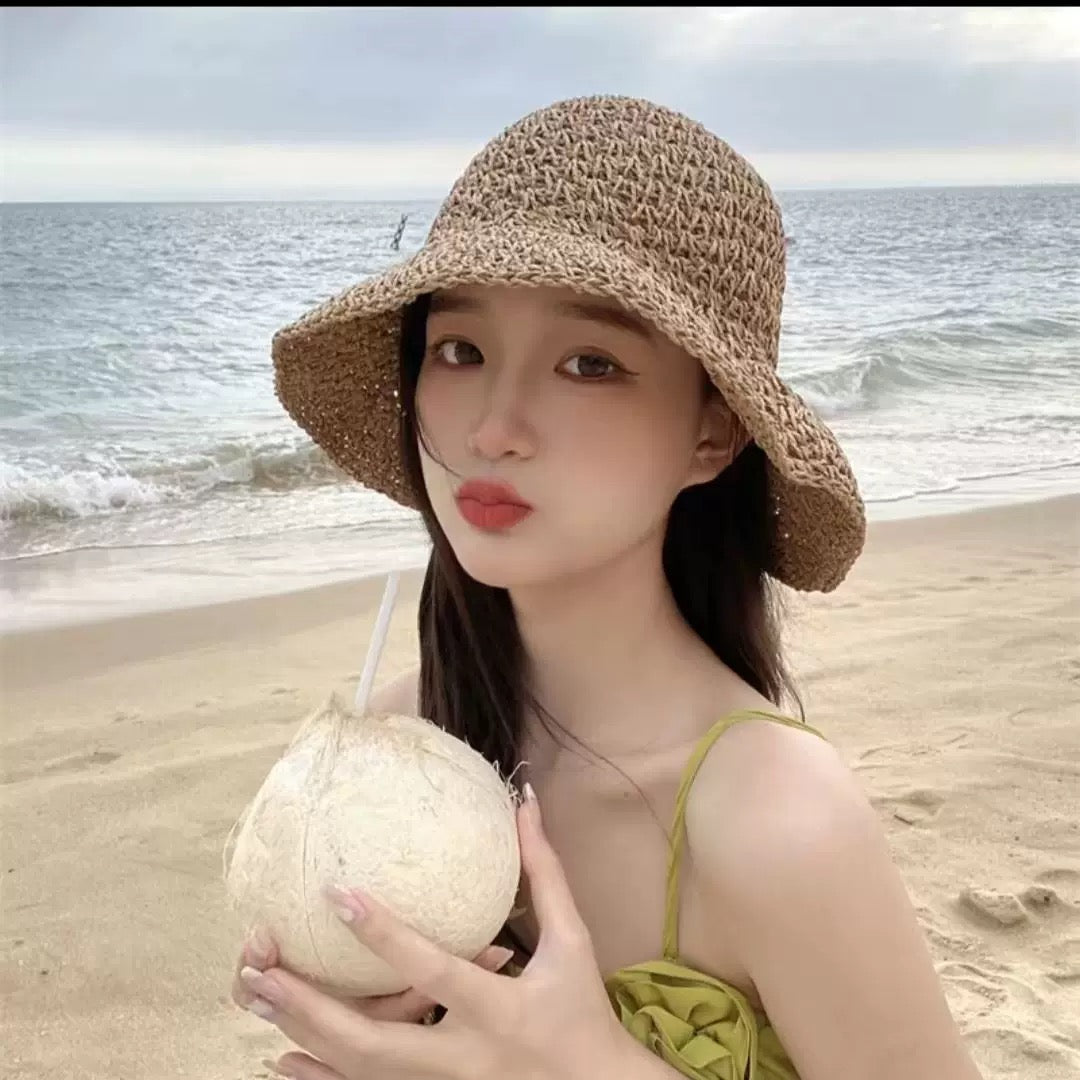 Foldable Straw Sun Hat with Tie Ribbon – Wide Brim Beach Hat