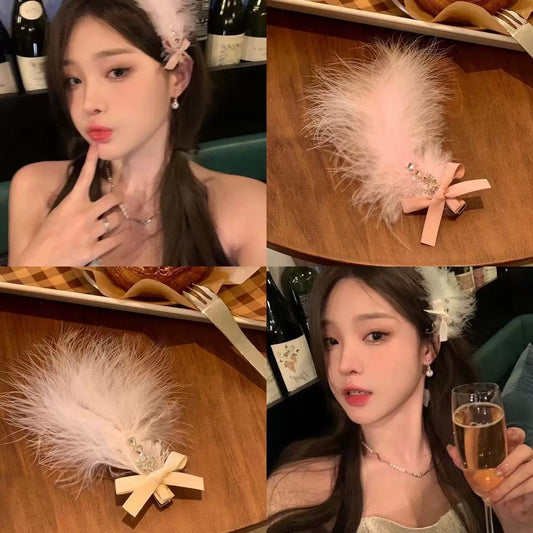 Elegant Feather Bow Hair Clip – Aesthetic Duckbill Clip for Women, Party Side Hair Barrette