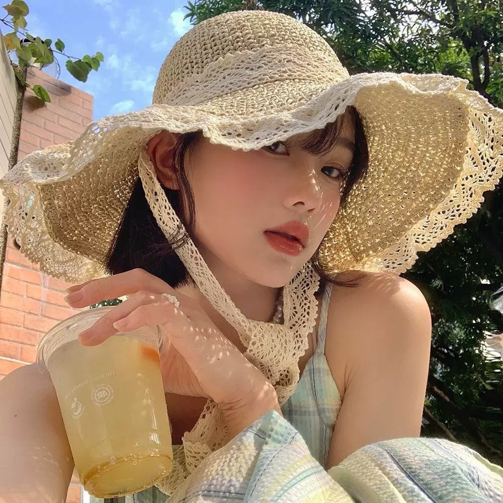 Crochet Lace Tie Sun Hat – Wide Brim Hollow Straw Hat for Women