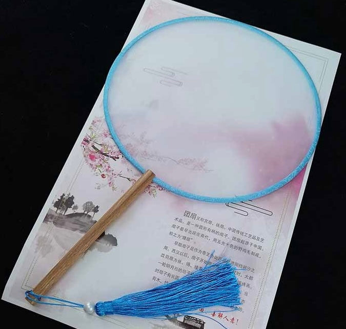 DIY Silk Fan – Blank Shujian Painting Surface │ 21 cm Round, 15 cm Wooden Handle │ Colorful Tassel │ Traditional Chinese Craft