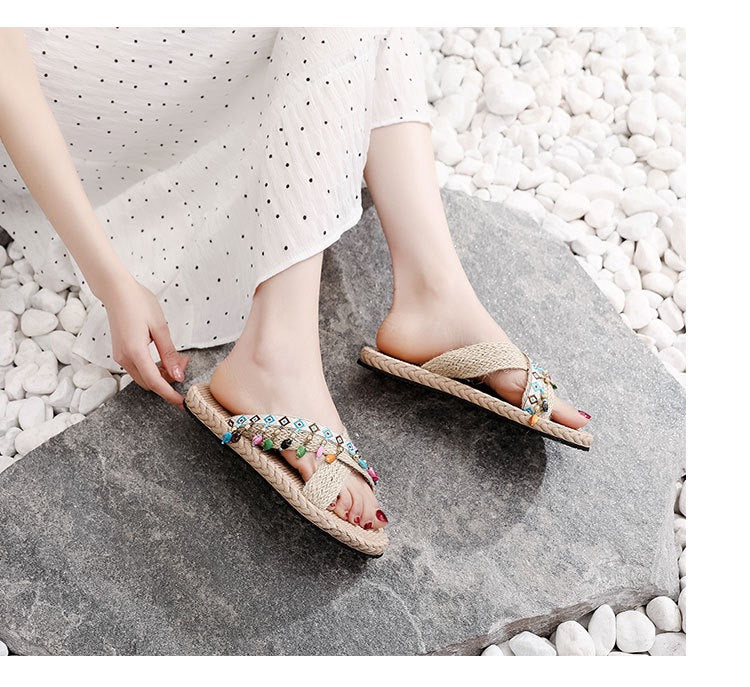 Boho Ethnic Blue Sandals – Women’s Beaded Woven Slides