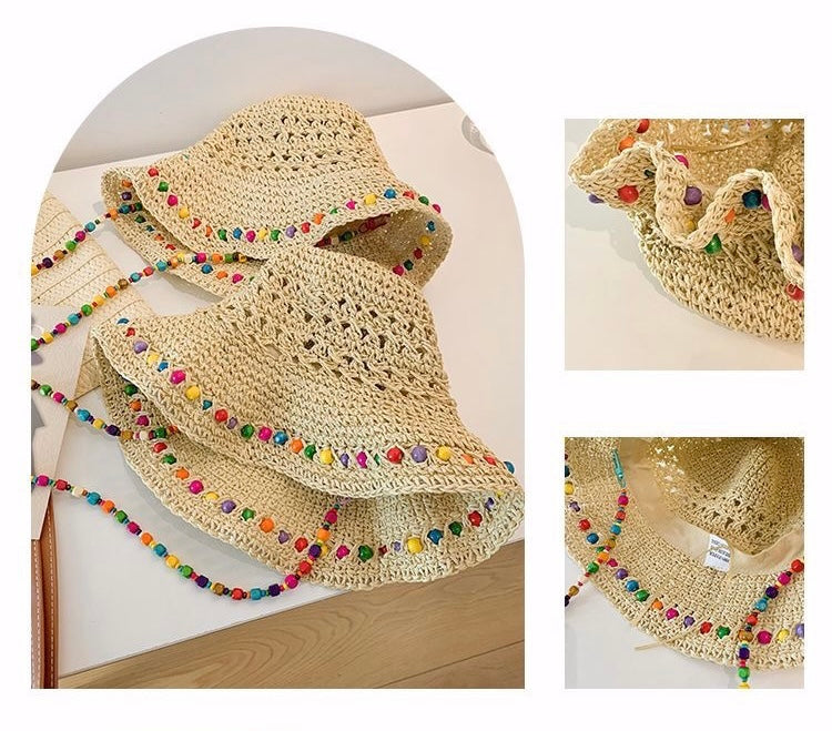 Boho Beaded Crochet Bucket Hat – Handmade Straw Sun Hat | 56–58cm