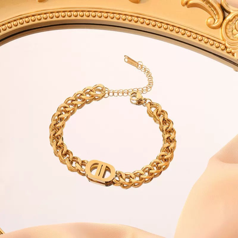 18K Gold-Plated Double D Titanium Steel Cuban Chain Set – Hip-Hop Style Necklace & Bracelet for Men & Women (Non-Tarnish)