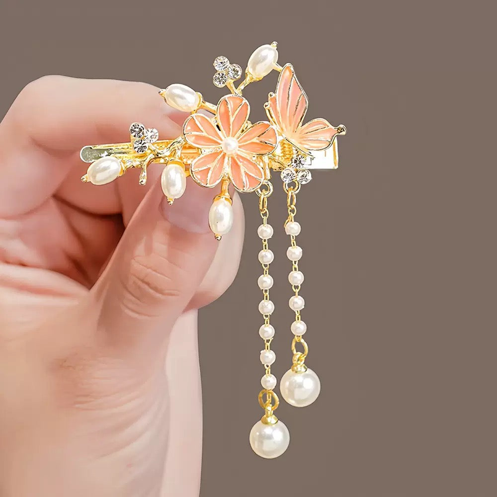 Butterfly & Flower Tassel Hair Clip – Elegant Chinese Vintage Style Duckbill Side Clip for Women