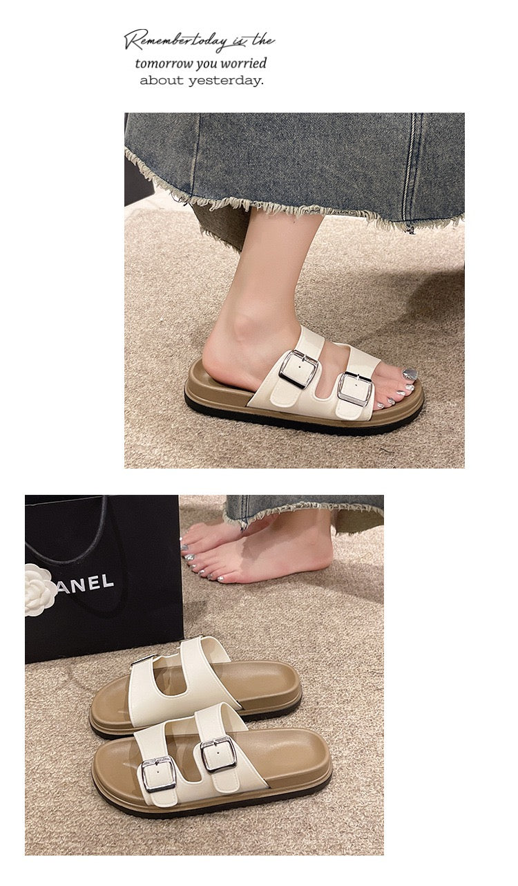Women’s Double Strap Buckle Slides – Cream & Olive