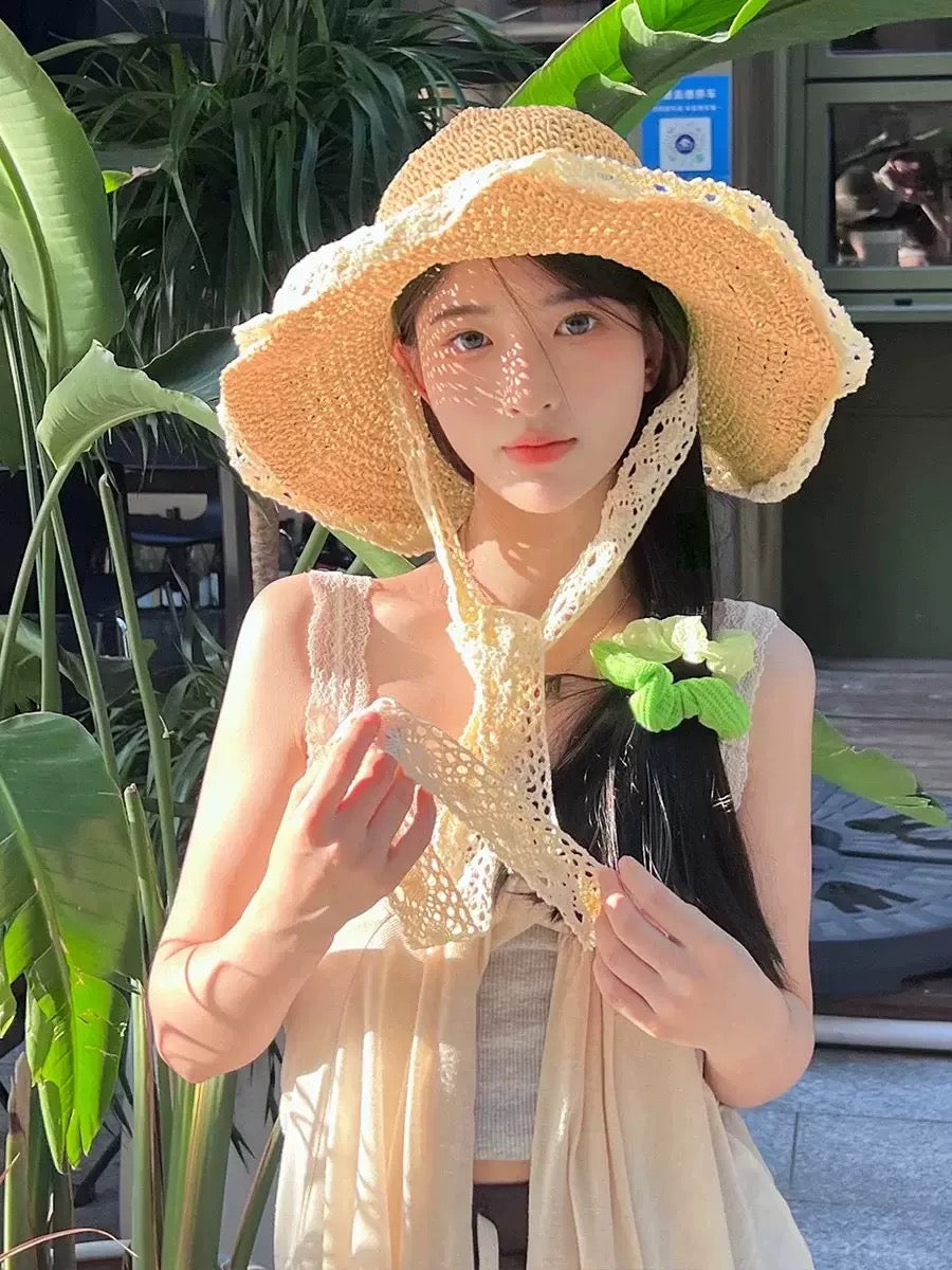 Crochet Lace Tie Sun Hat – Wide Brim Hollow Straw Hat for Women