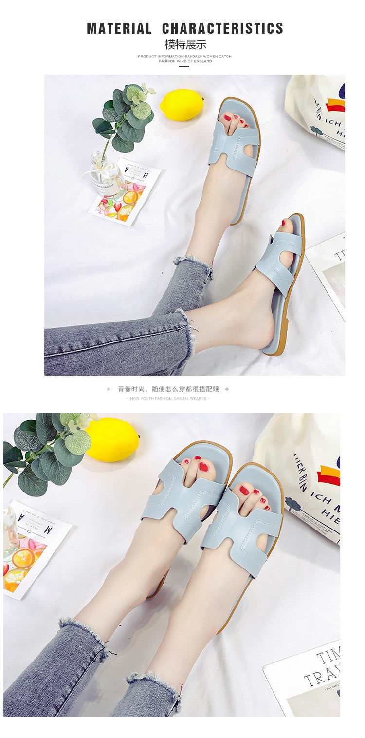 Women’s H-Strap Flat Slides – Light Blu