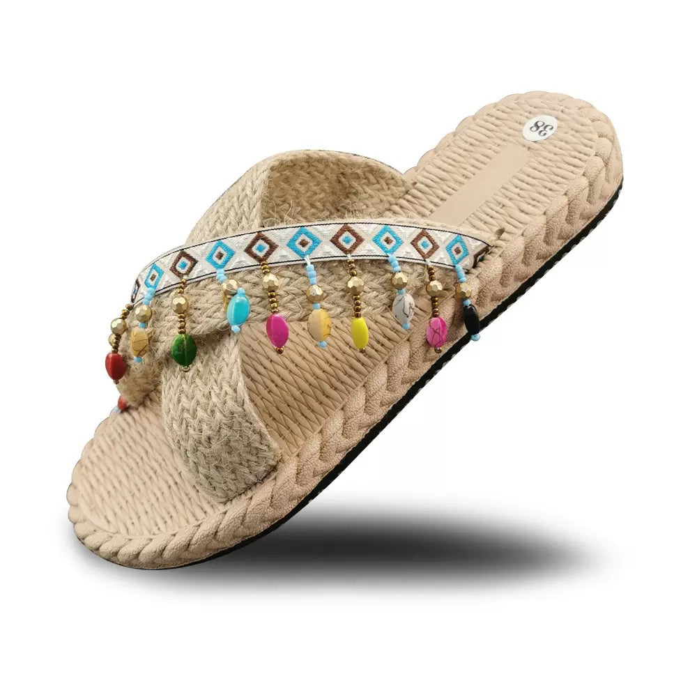 Boho Ethnic Blue Sandals – Women’s Beaded Woven Slides