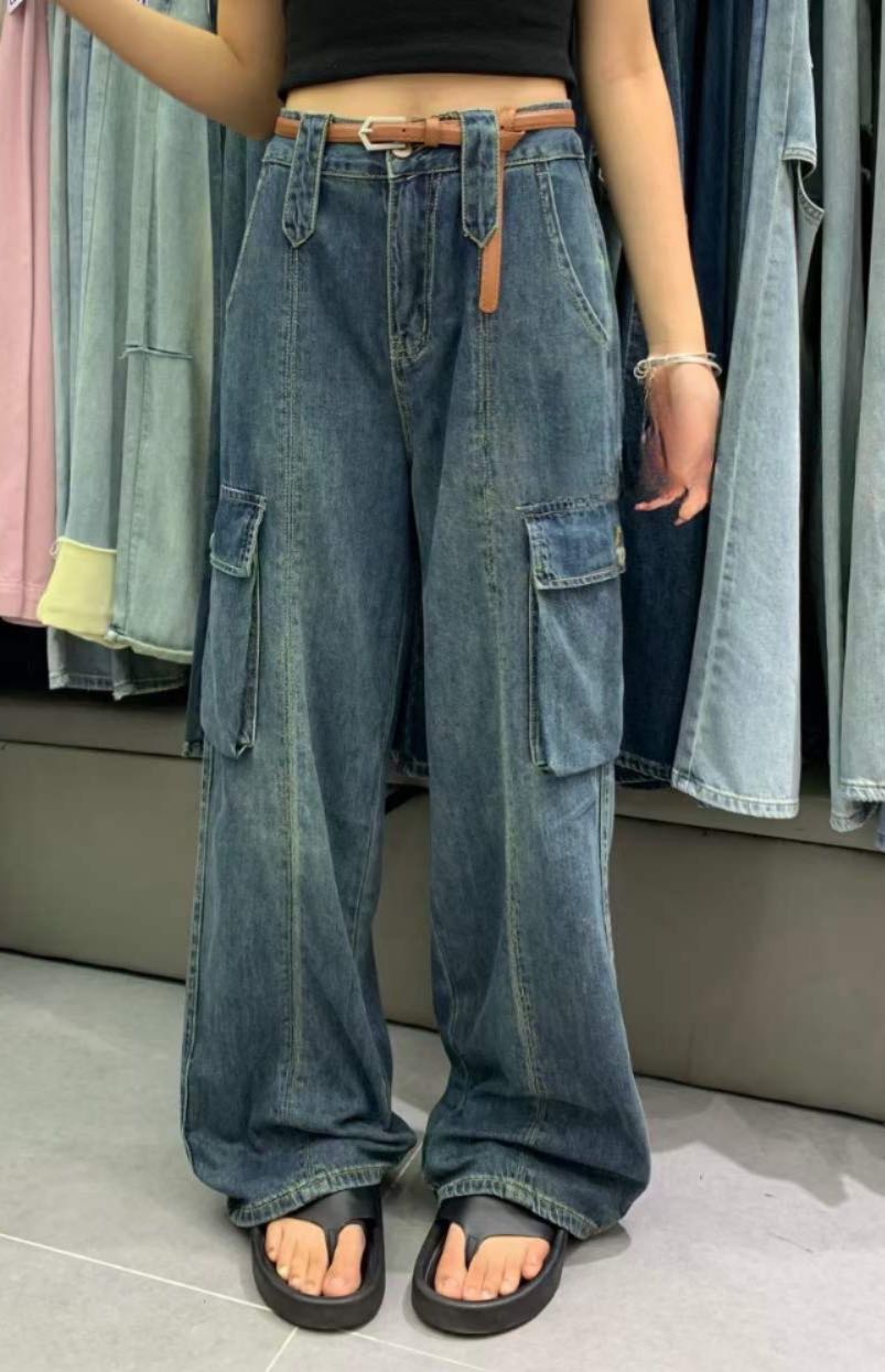 Thin Dark Blue Denim Pocket Work Pants (Free Belt)