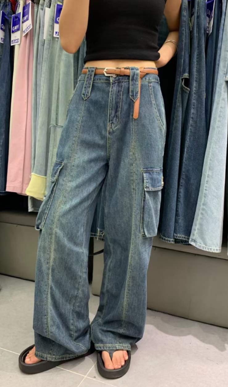 Thin Dark Blue Denim Pocket Work Pants (Free Belt)
