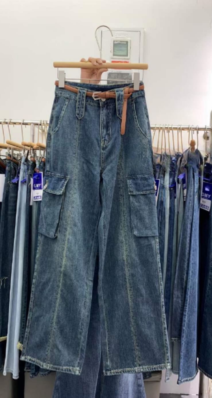 Thin Dark Blue Denim Pocket Work Pants (Free Belt)