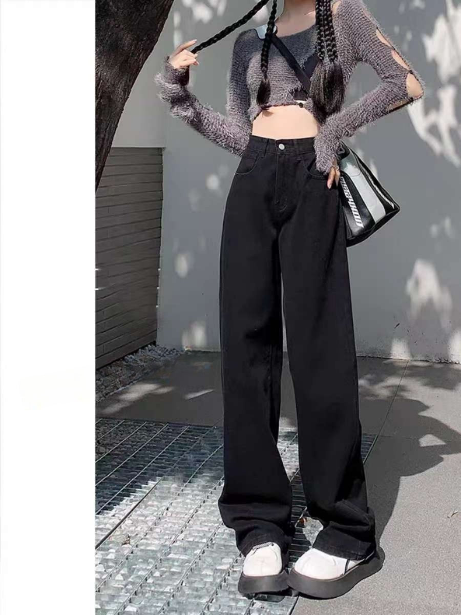 Pure Black Denim Stretch Straight Leg Pants