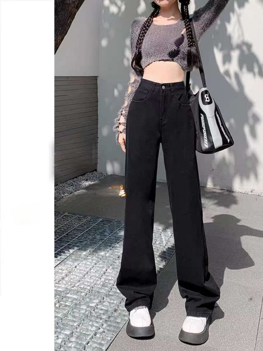 Pure Black Denim Stretch Straight Leg Pants