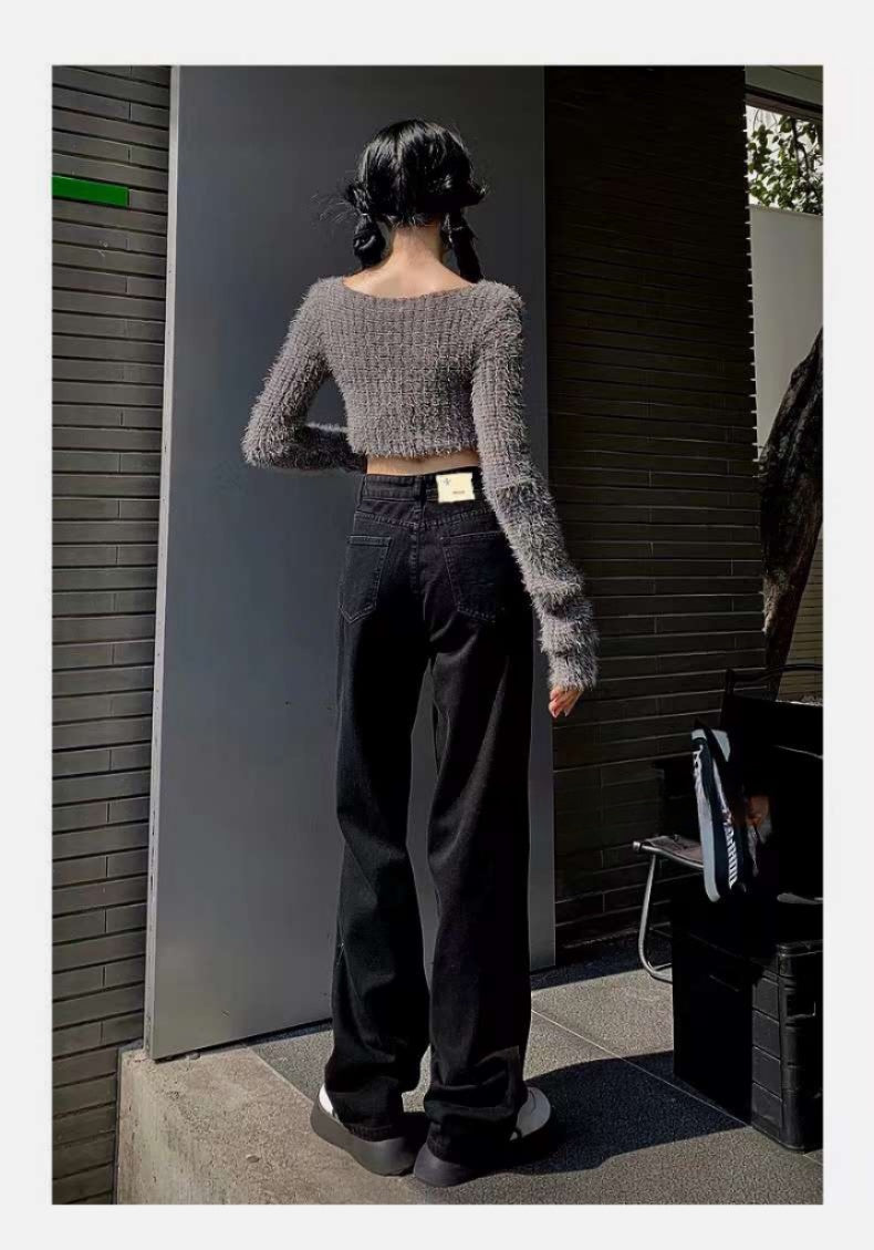 Pure Black Denim Stretch Straight Leg Pants