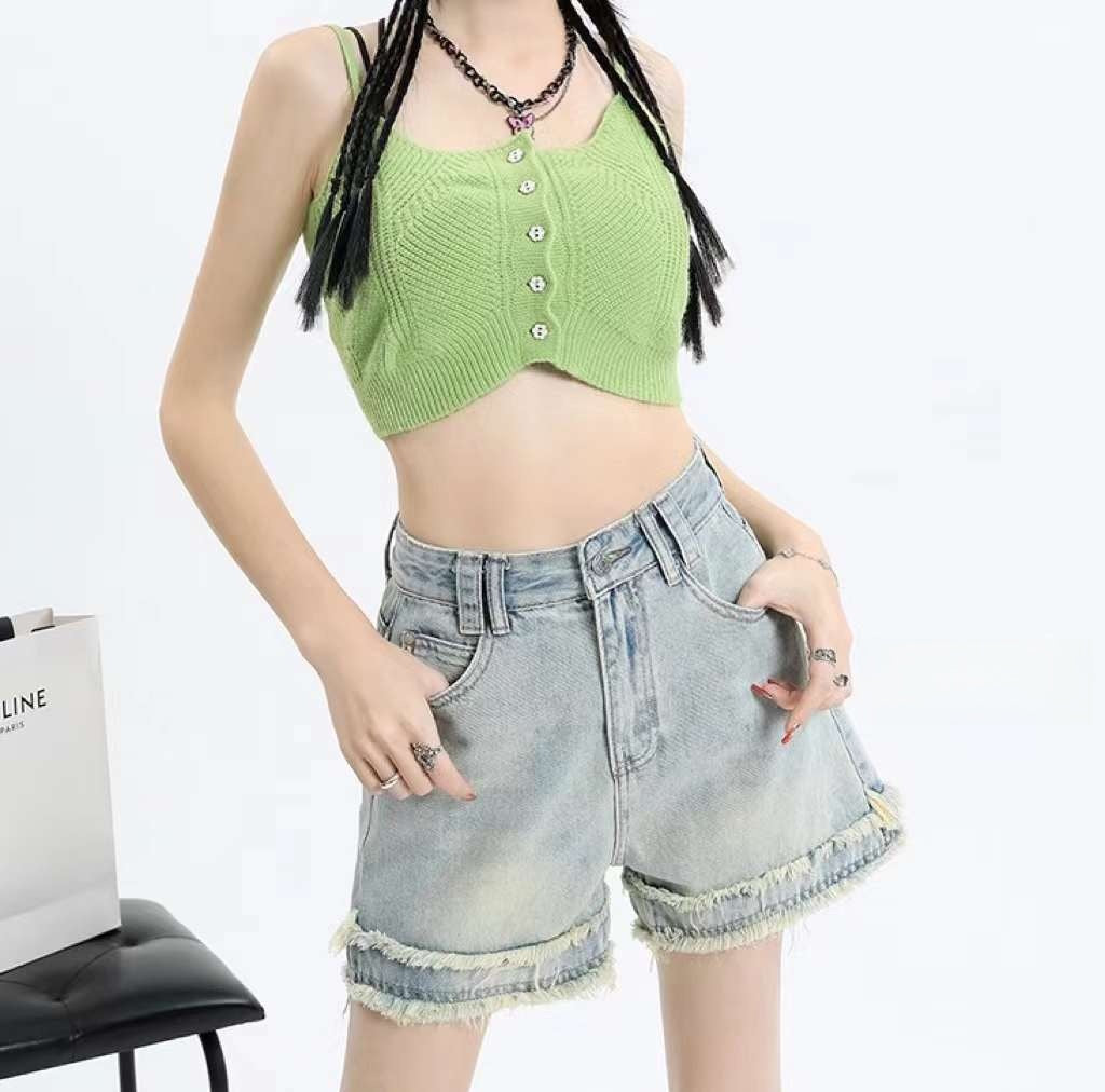 Denim Shorts with Raw Hemmed Legs in Light Blue