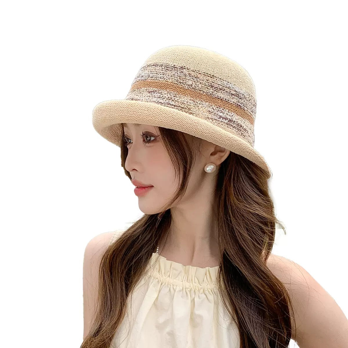 Spring/Summer Knit Curled-Brim Hat – French Style Elegant Bucket Cloche for Women | Breathable & Face-Slimming