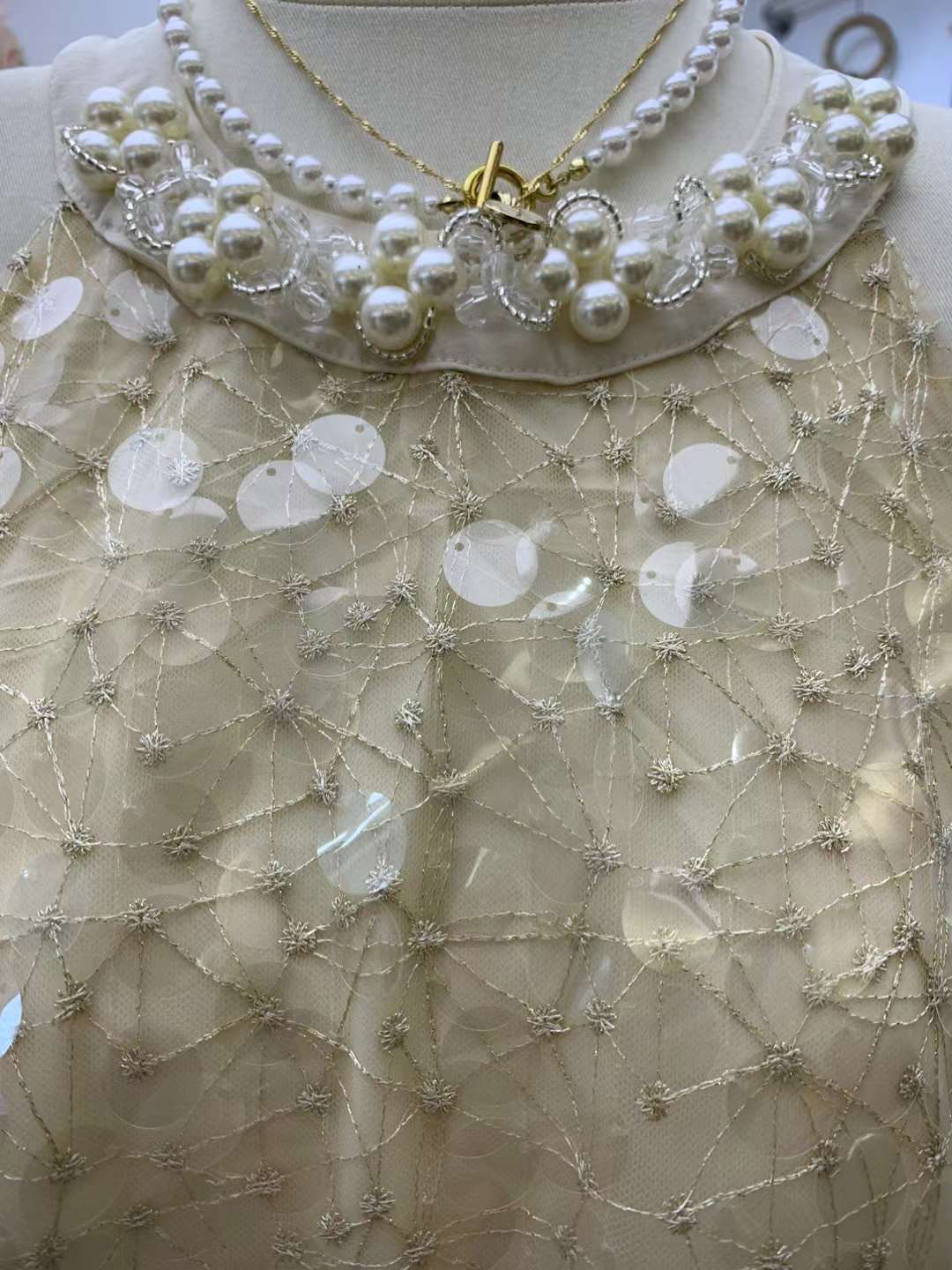 Apricot Sequin Pearl Hanging Neck Dress