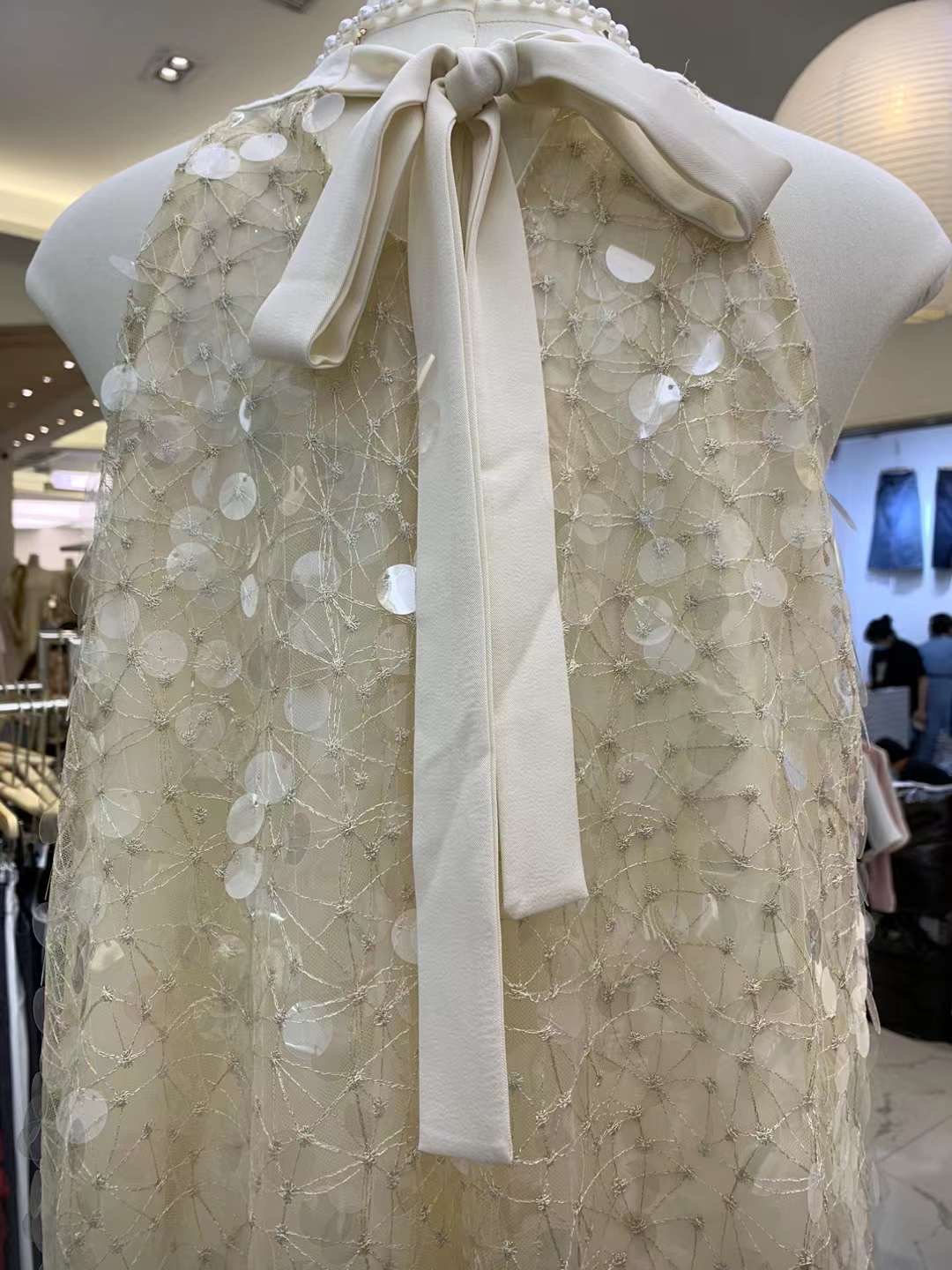 Apricot Sequin Pearl Hanging Neck Dress
