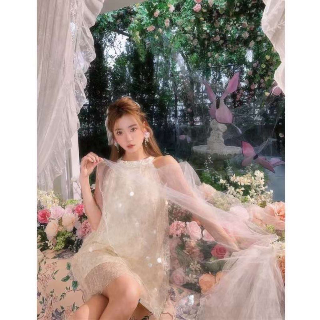Apricot Sequin Pearl Hanging Neck Dress