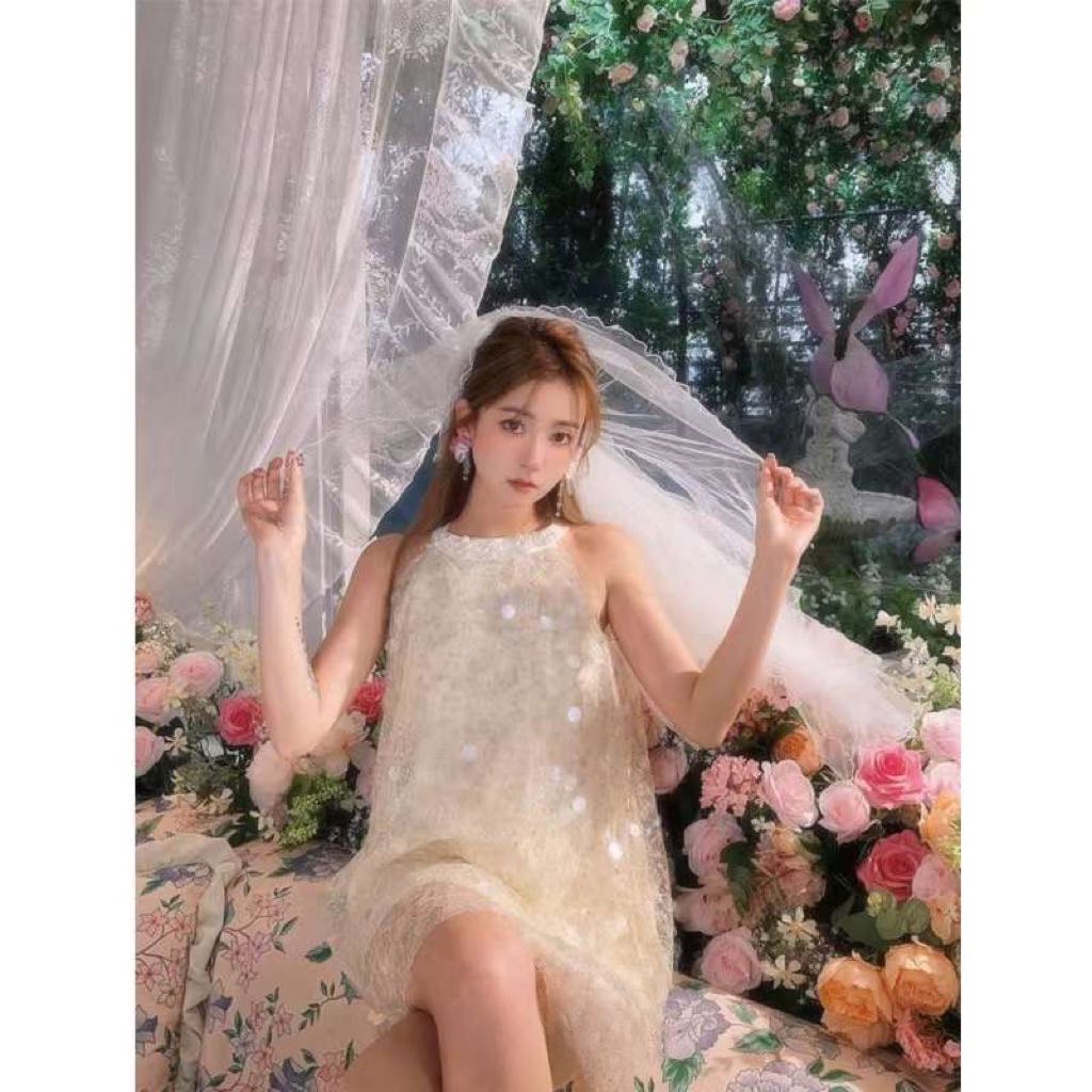 Apricot Sequin Pearl Hanging Neck Dress