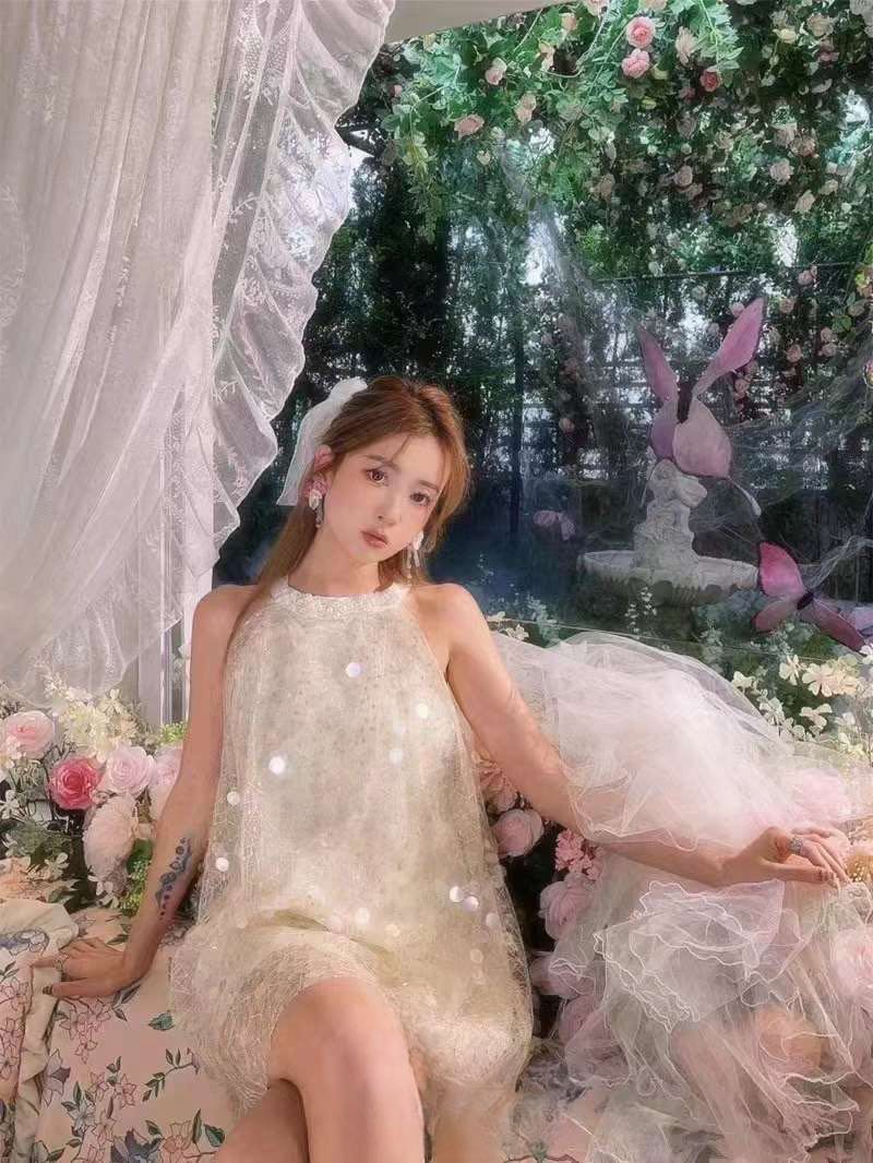 Apricot Sequin Pearl Hanging Neck Dress