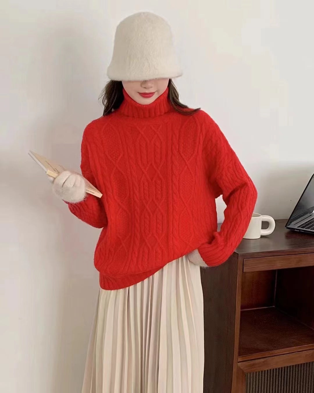 Solid Color Ribbed Diamond Twist High Neck Sweater