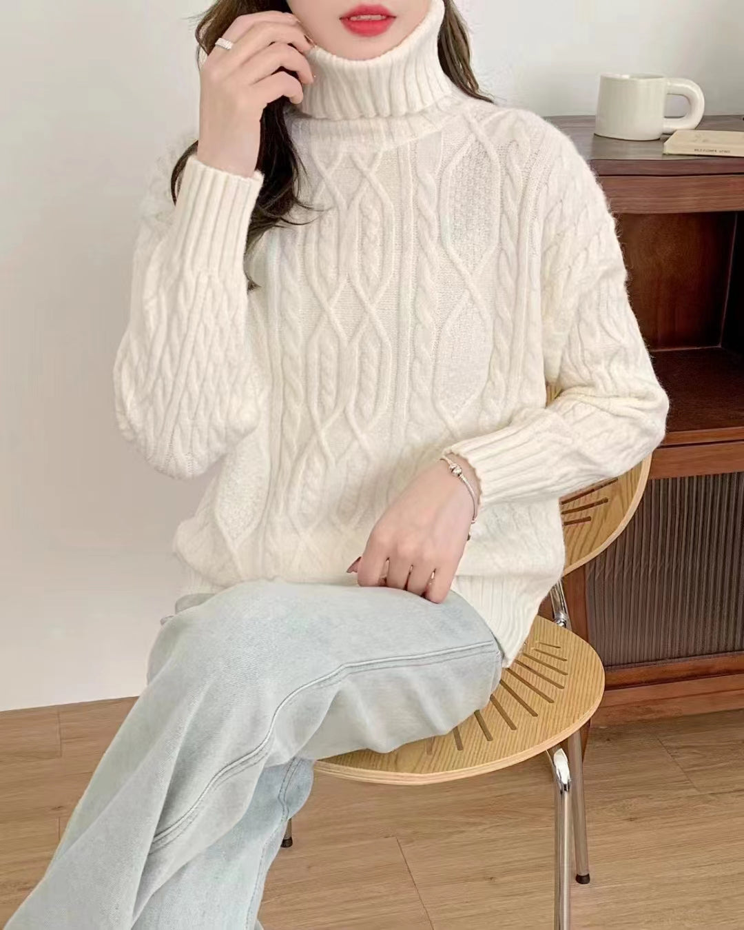 Solid Color Ribbed Diamond Twist High Neck Sweater