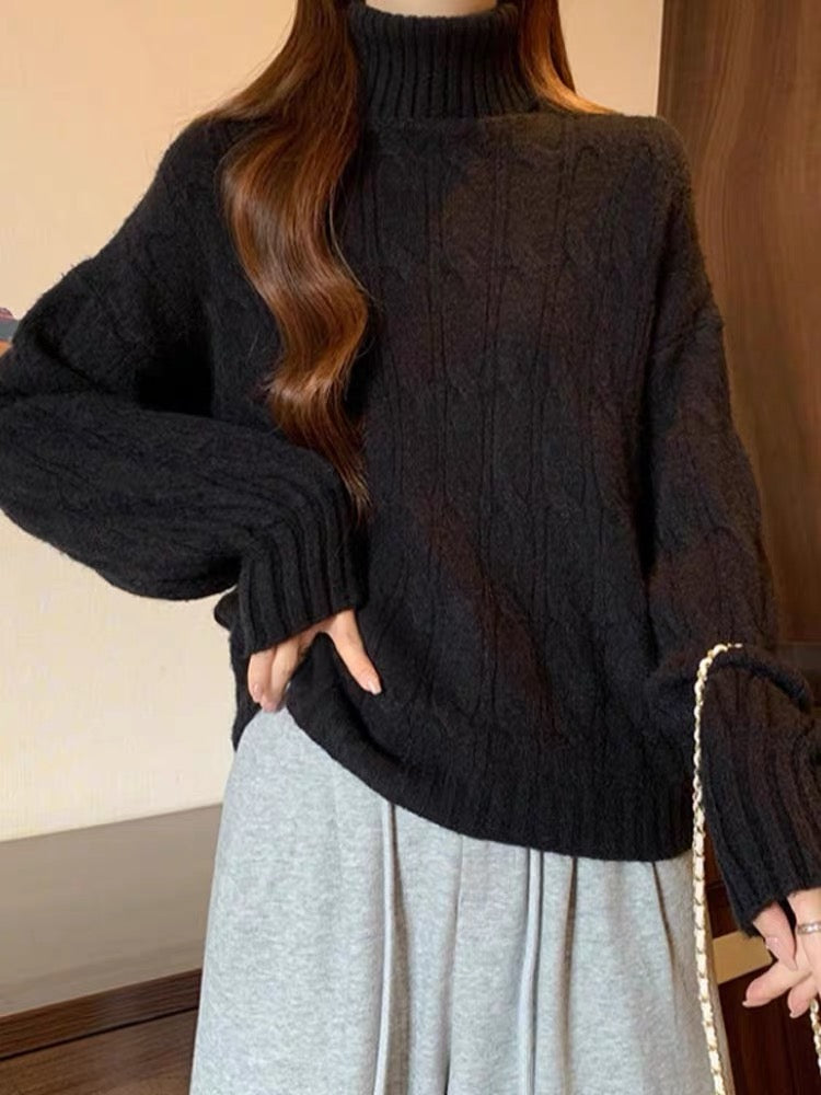 Solid Color Ribbed Diamond Twist High Neck Sweater