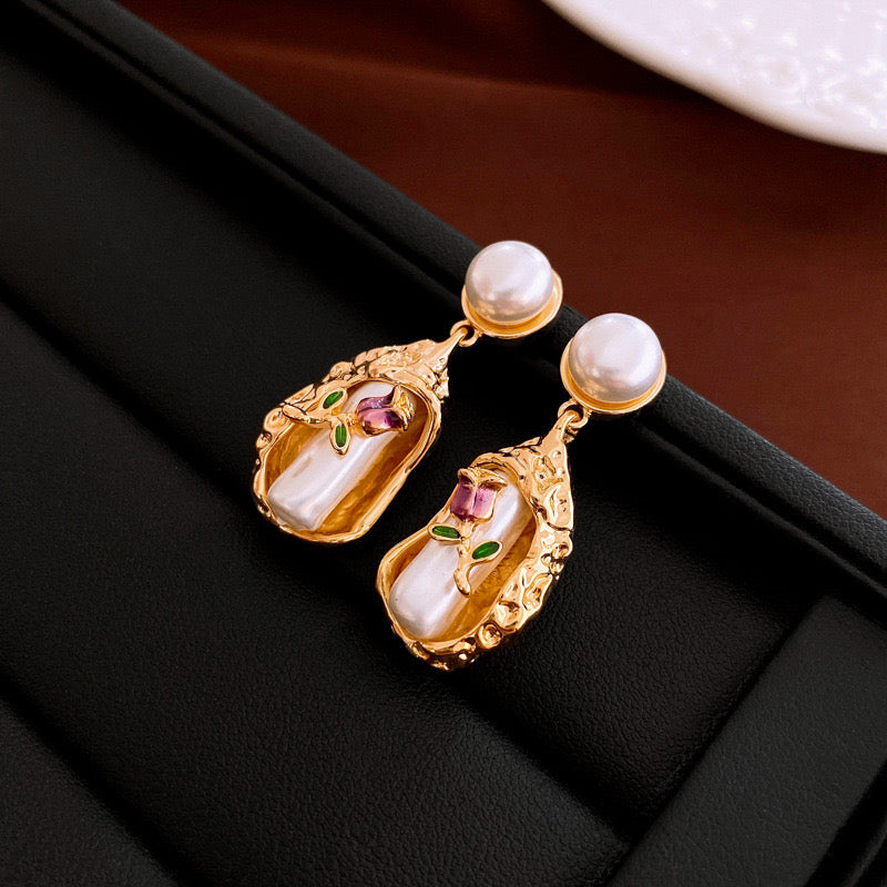 White Silver Needle Pearl Bouquet Earrings (Real-Gold Plating)
