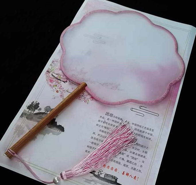 DIY Silk Fan – Blank Shujian Painting Surface │ 21 cm Round, 15 cm Wooden Handle │ Colorful Tassel │ Traditional Chinese Craft