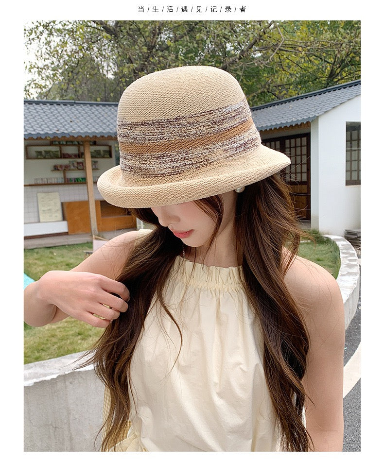 Spring/Summer Knit Curled-Brim Hat – French Style Elegant Bucket Cloche for Women | Breathable & Face-Slimming