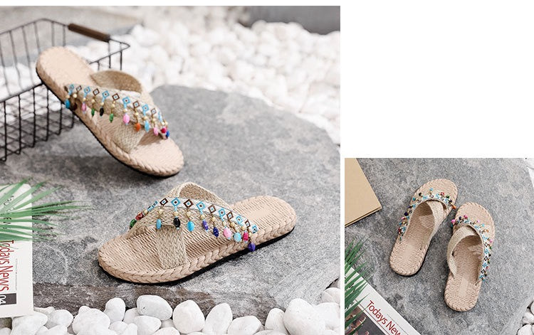 Boho Ethnic Blue Sandals – Women’s Beaded Woven Slides
