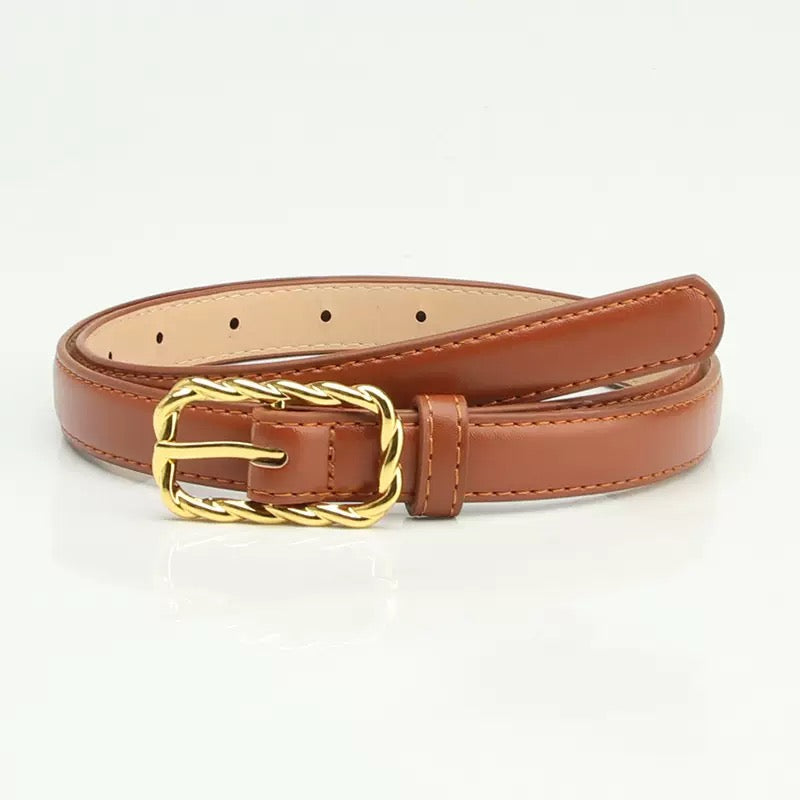 Elegant Twist Chain Buckle Belt for Women – PU Leather Waist Belt, Gold Alloy Pin Buckle, Casual Slim Dress or Blazer Accessory