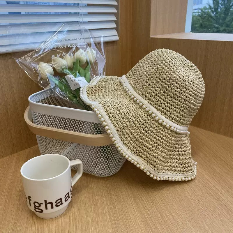 Pearl Trim Woven Straw Sun Hat – Lightweight Summer Beach Hat for Women | Wide Brim UV Protection