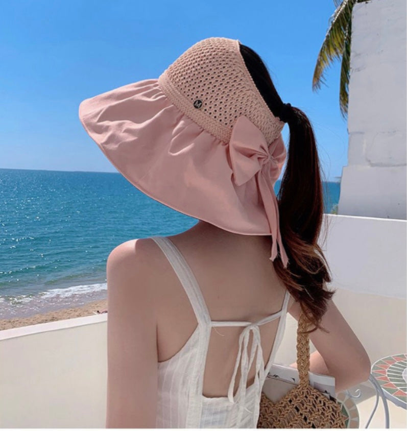 Wide Brim Open-Top Sun Hat – Ponytail-Friendly Summer Hat with Bow