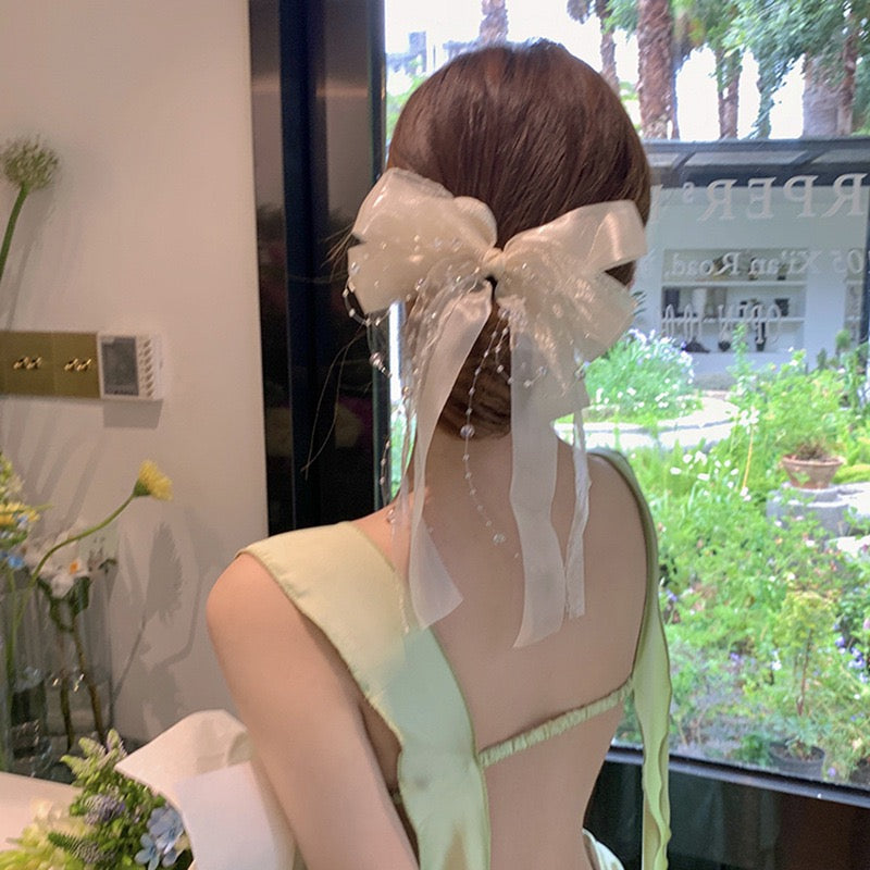 Exquisite Tulle Summer Bow Hair Clip with Multi-Layer Floating Ribbons, Pearl Beads, Chain, and Spring Clip, High-End Back Head Hair Accessory