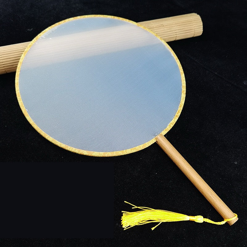 DIY Silk Fan – Blank Shujian Painting Surface │ 21 cm Round, 15 cm Wooden Handle │ Colorful Tassel │ Traditional Chinese Craft