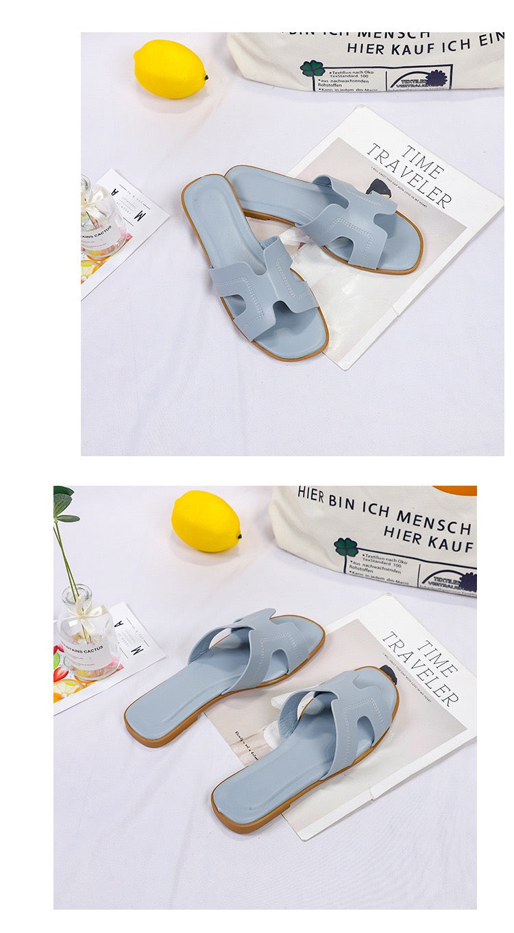Women’s H-Strap Flat Slides – Light Blu