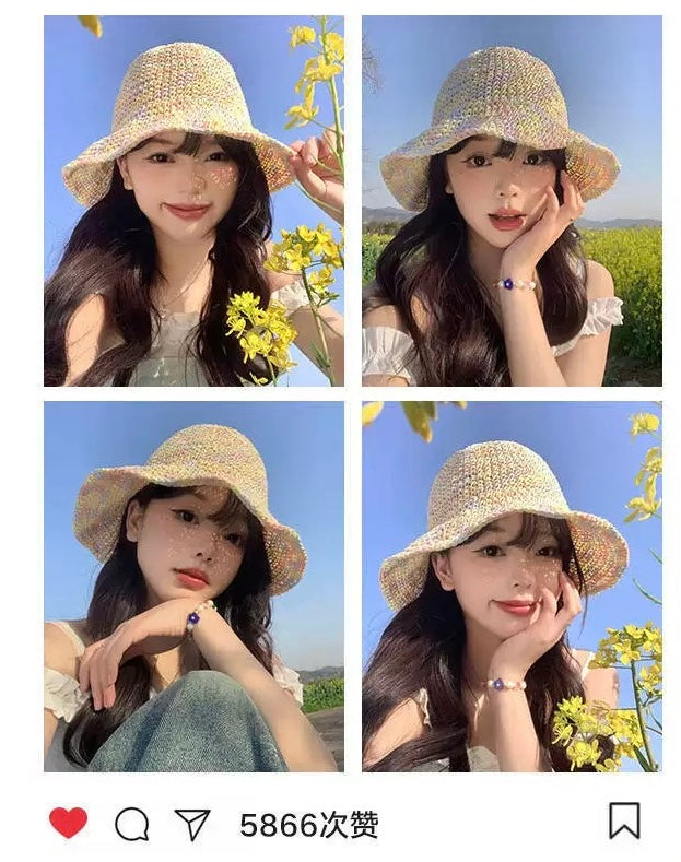 Dopamine-Inspired Woven Sun Hat – Wide Brim Bucket Hat | Summer UV Protection & Face-Slimming