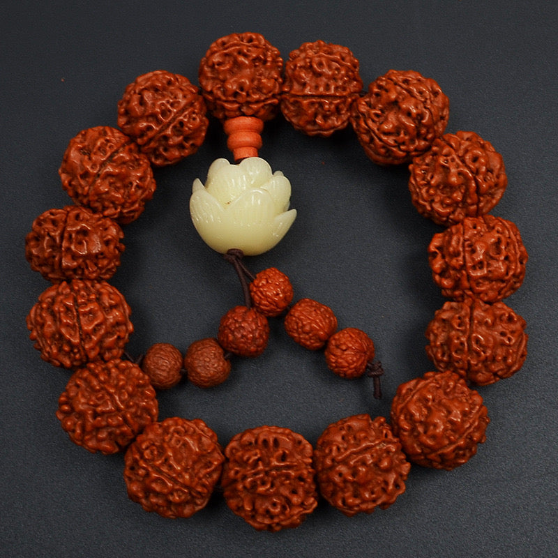 19mm Lotus Rudraksha Bracelet – Nepalese Five-Mukhi Bodhi Seed Wrist Mala with Lotus Charm for Meditation & Blessings