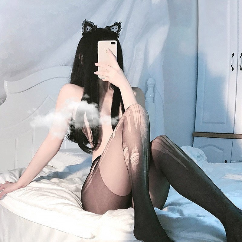 Easily Tearable Sheer Disposable Stockings – Hand-Rippable Sexy Erotic Open-Crotch Black Silk Pantyhos