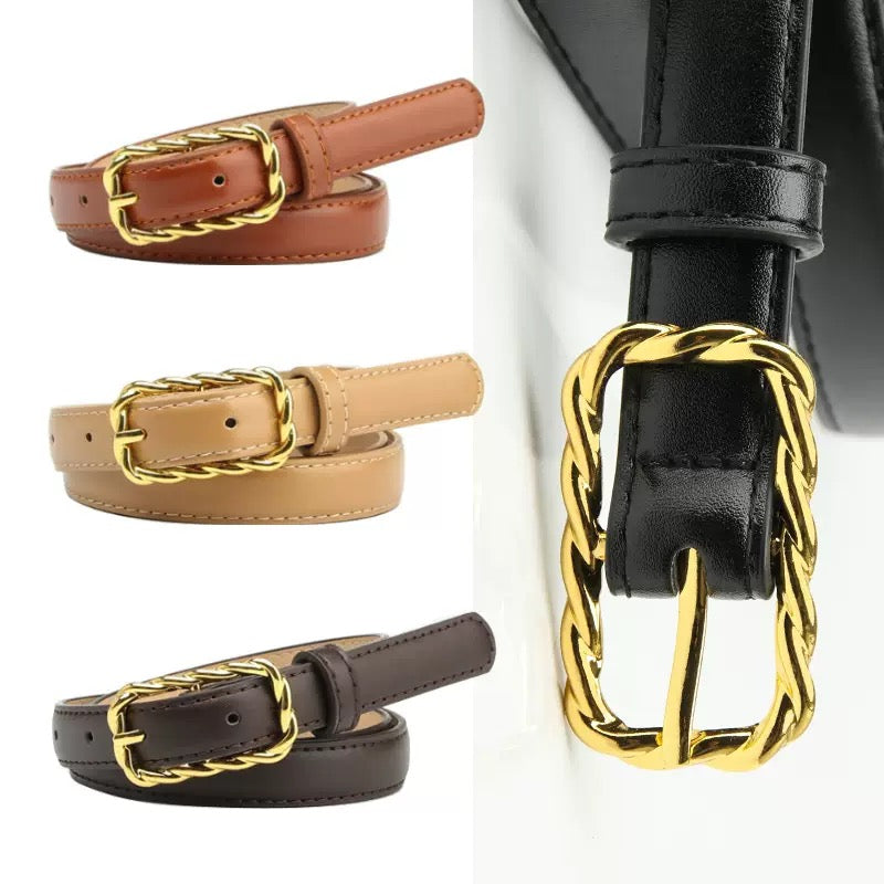 Elegant Twist Chain Buckle Belt for Women – PU Leather Waist Belt, Gold Alloy Pin Buckle, Casual Slim Dress or Blazer Accessory