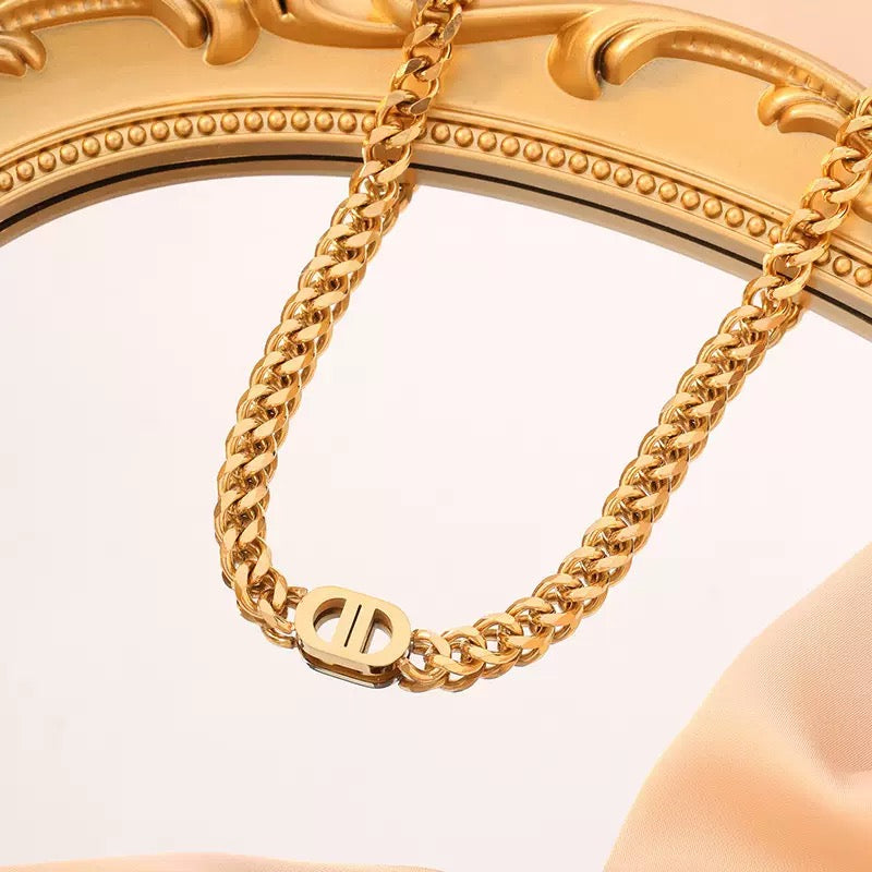 18K Gold-Plated Double D Titanium Steel Cuban Chain Set – Hip-Hop Style Necklace & Bracelet for Men & Women (Non-Tarnish)