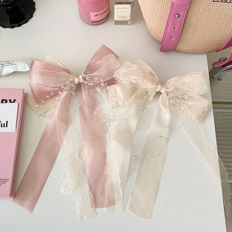 Exquisite Tulle Summer Bow Hair Clip with Multi-Layer Floating Ribbons, Pearl Beads, Chain, and Spring Clip, High-End Back Head Hair Accessory