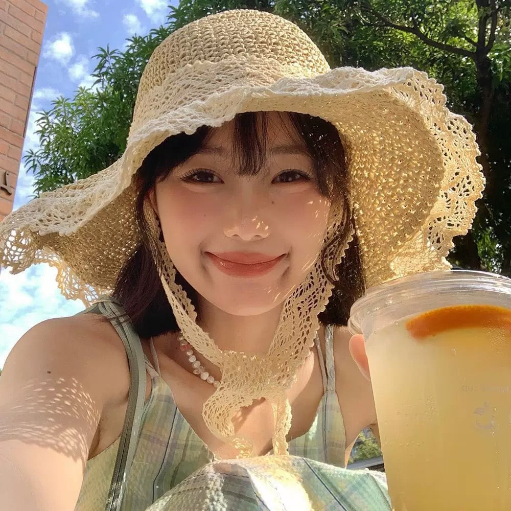 Crochet Lace Tie Sun Hat – Wide Brim Hollow Straw Hat for Women