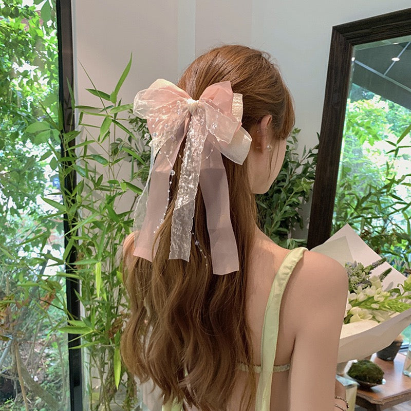 Exquisite Tulle Summer Bow Hair Clip with Multi-Layer Floating Ribbons, Pearl Beads, Chain, and Spring Clip, High-End Back Head Hair Accessory