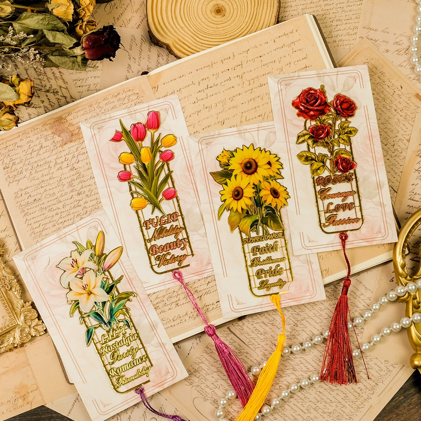 Floral Language Metal Bookmarks – Vintage Vase Tassel
