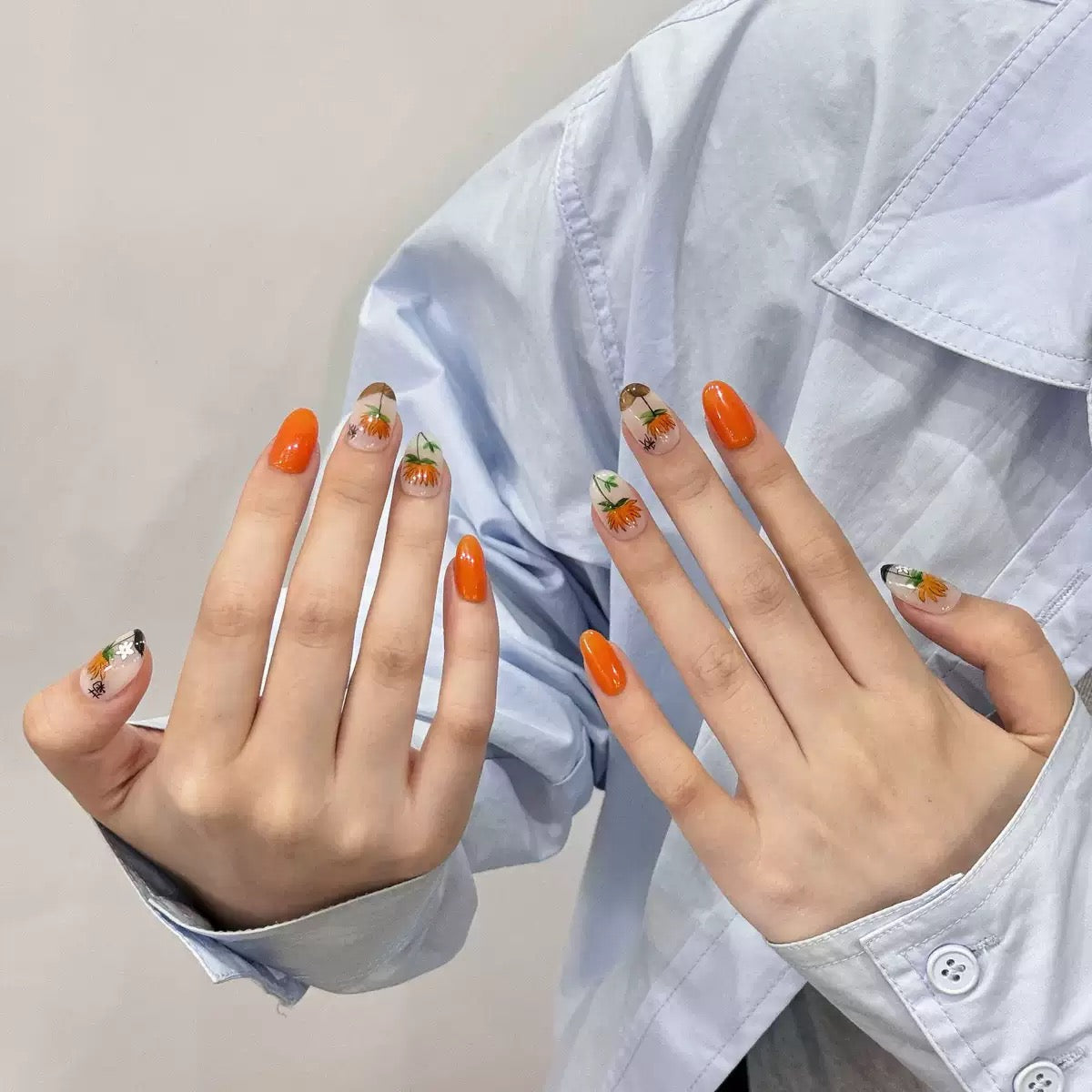 Handmake press-on nail——Detachable Fake Nail Tips with Autumn Chrysanthemum Design, Brightening Effect(10pcs)