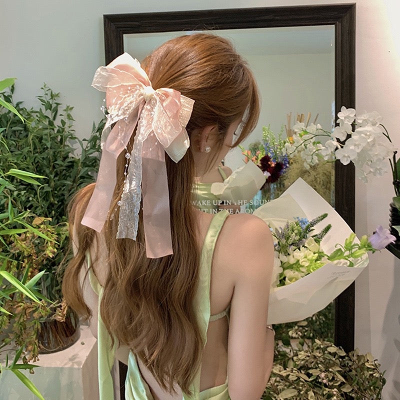 Exquisite Tulle Summer Bow Hair Clip with Multi-Layer Floating Ribbons, Pearl Beads, Chain, and Spring Clip, High-End Back Head Hair Accessory