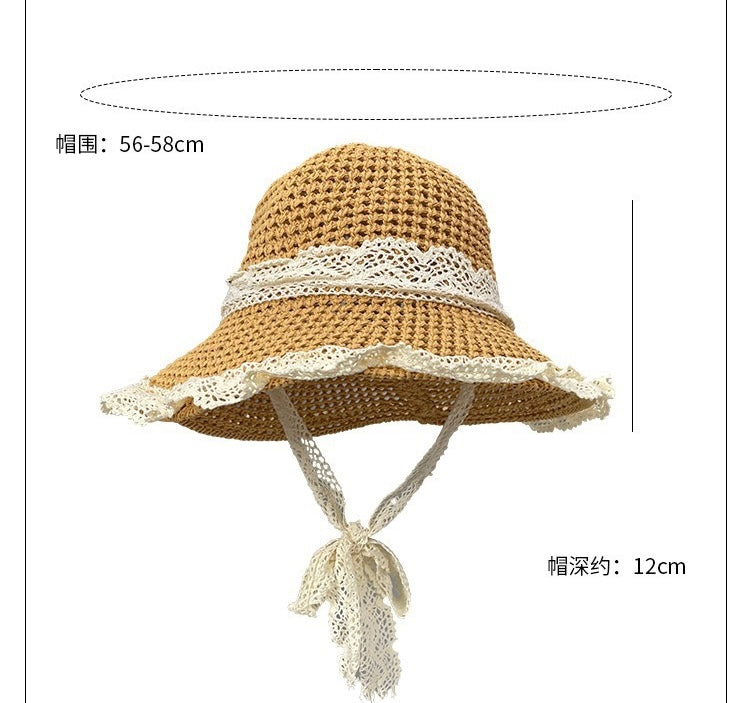 Crochet Lace Tie Sun Hat – Wide Brim Hollow Straw Hat for Women